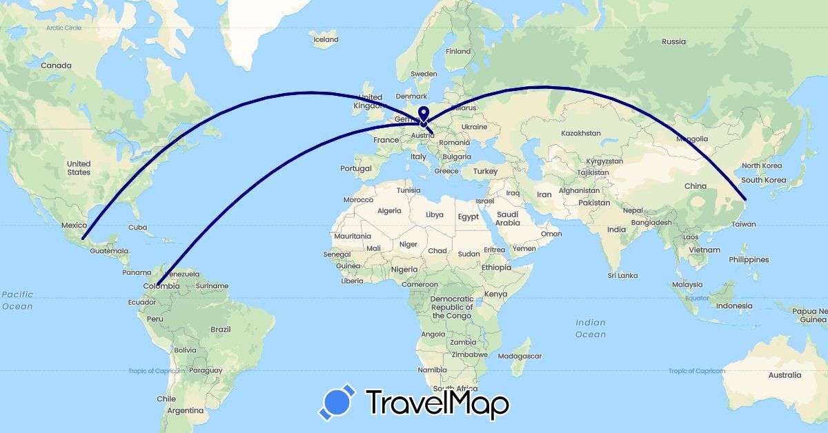 TravelMap itinerary: driving in China, Colombia, Czech Republic, Mexico, Slovakia (Asia, Europe, North America, South America)